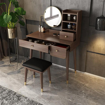 2 Pieces Minimalist Makeup Vanity Set in Walnut with Mirror & Stool